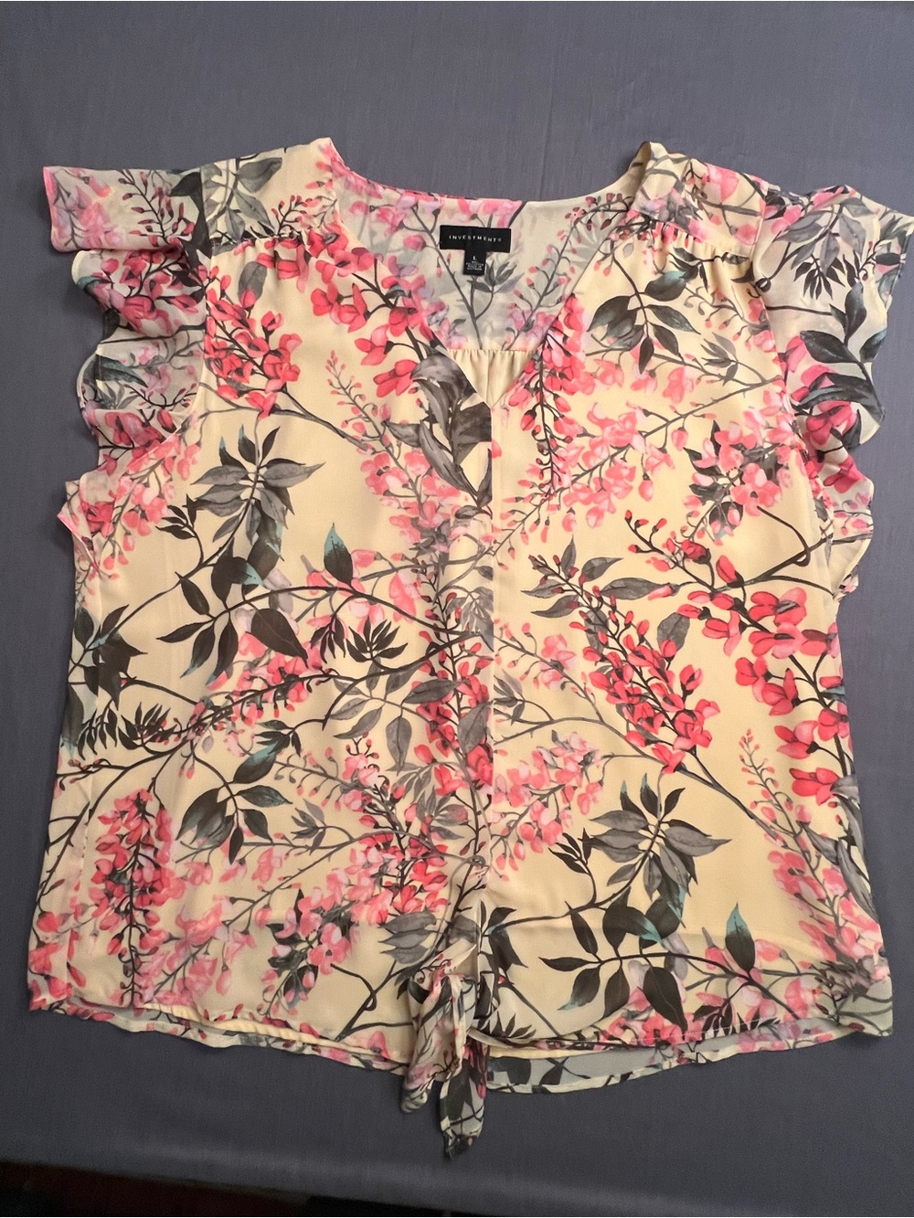 Investments Pink & Cream Floral V-Neck Ruffle Sleeve Blouse